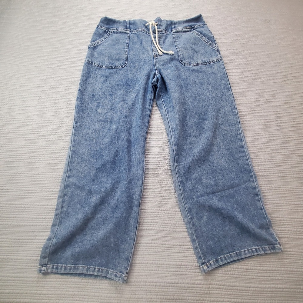 Acid Wash Baggy Wide Leg Drawstring Waist‎ Jeans Medium Weight Blue Denim